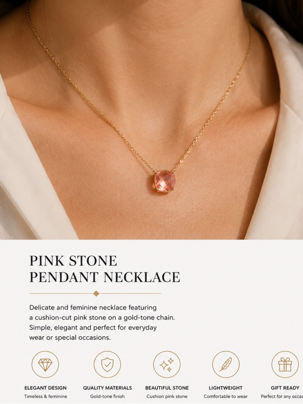 Gold-Tone Necklace Like Pomellato with Pink Cushion Stone Pendant